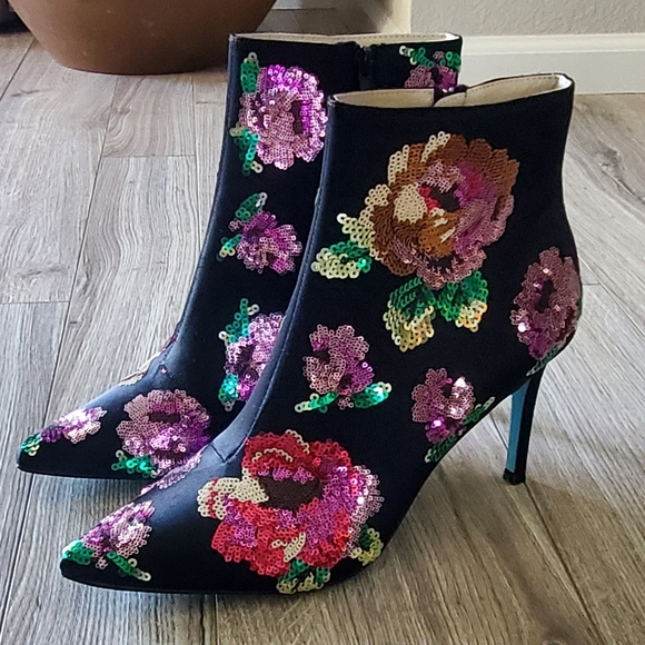Betsey Johnson Shoes - Betsey Johnson "Coper" Sequin Floral Boot, Black, 3.5" Heel, Sz 9, NWOT
